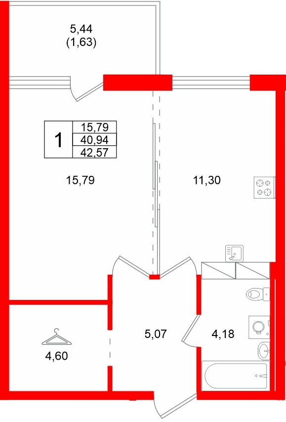 Квартира в ЖК «Финский Квартал», 1 комнатная, 42.57 м², 5 этаж
