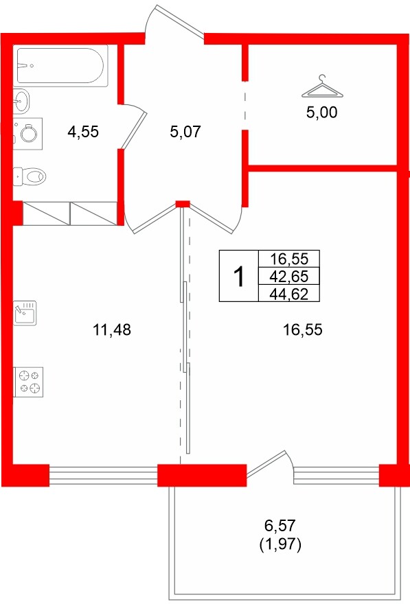 Квартира в ЖК «Финский Квартал», 1 комнатная, 44.62 м², 5 этаж