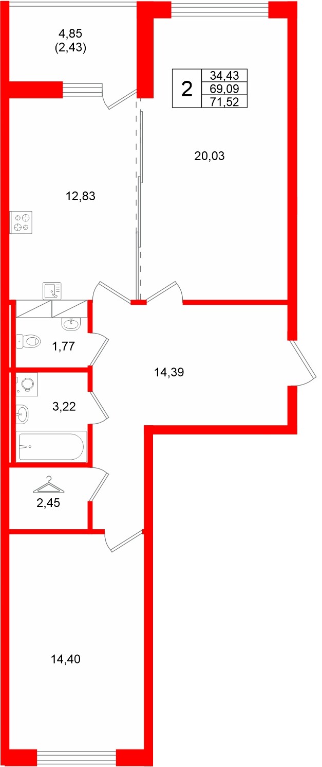 Квартира в ЖК «Финский Квартал», 2 комнатная, 71.52 м², 2 этаж