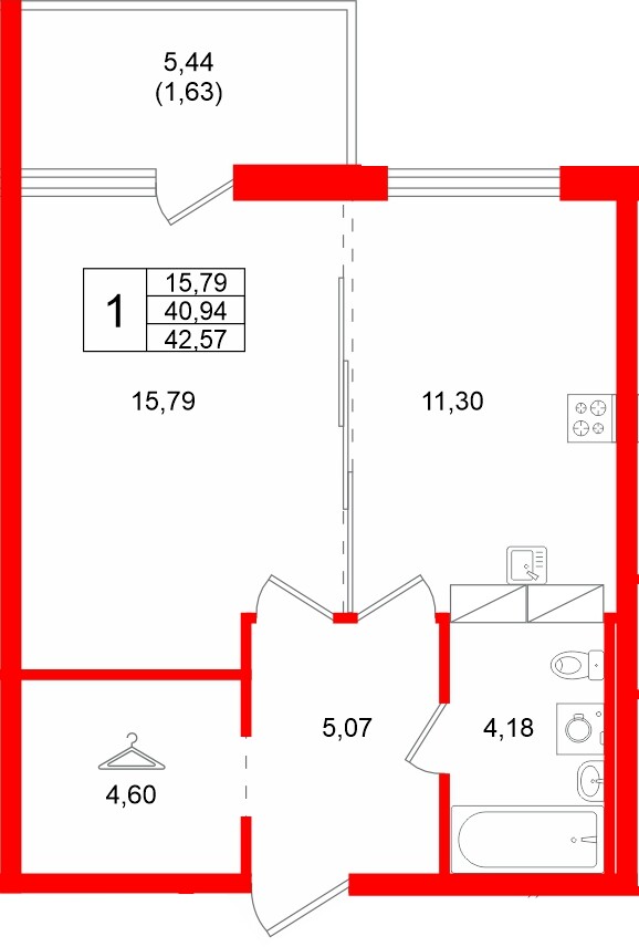 Квартира в ЖК «Финский Квартал», 1 комнатная, 42.57 м², 3 этаж