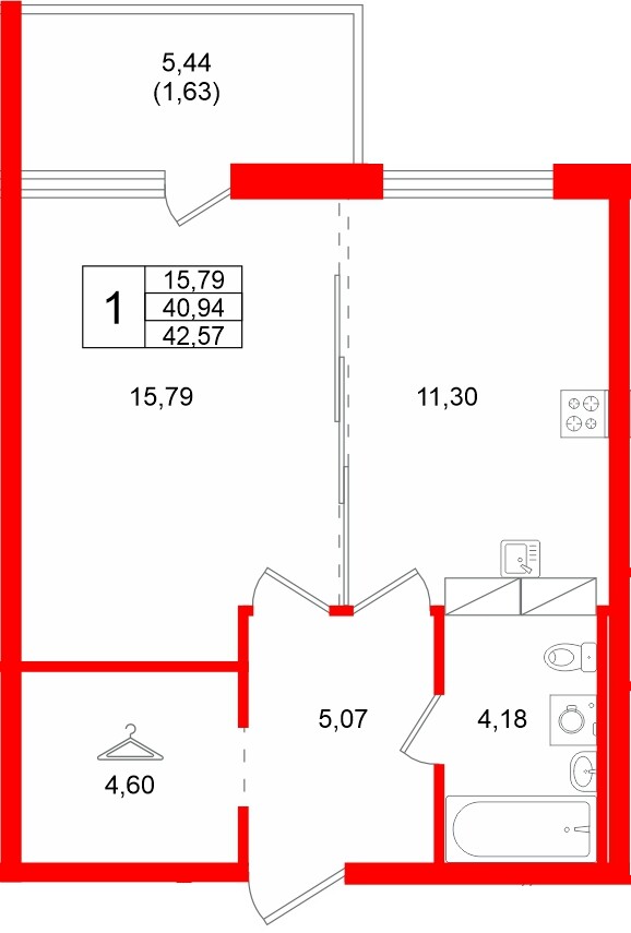 Квартира в ЖК «Финский Квартал», 1 комнатная, 42.57 м², 8 этаж