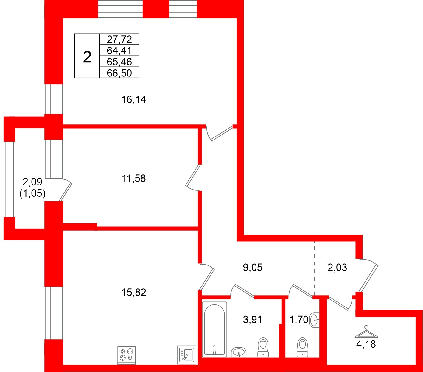 Квартира в ЖК Кольские огни, 2 комнатная, 65.46 м², 11 этаж