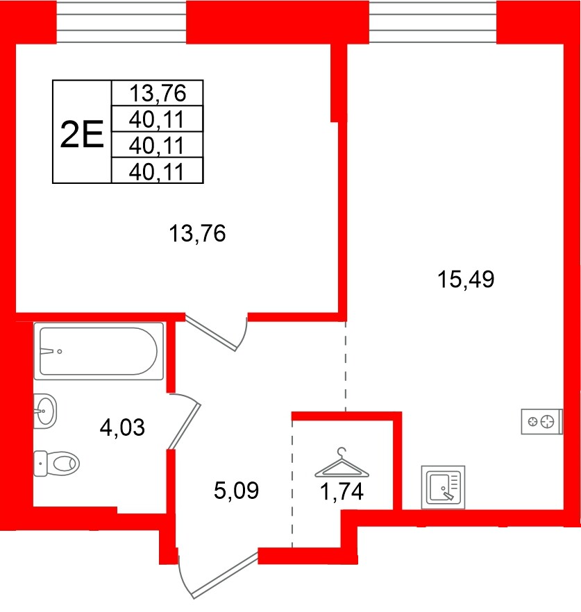 Квартира в ЖК Кольские огни, 1 комнатная, 40.11 м², 12 этаж