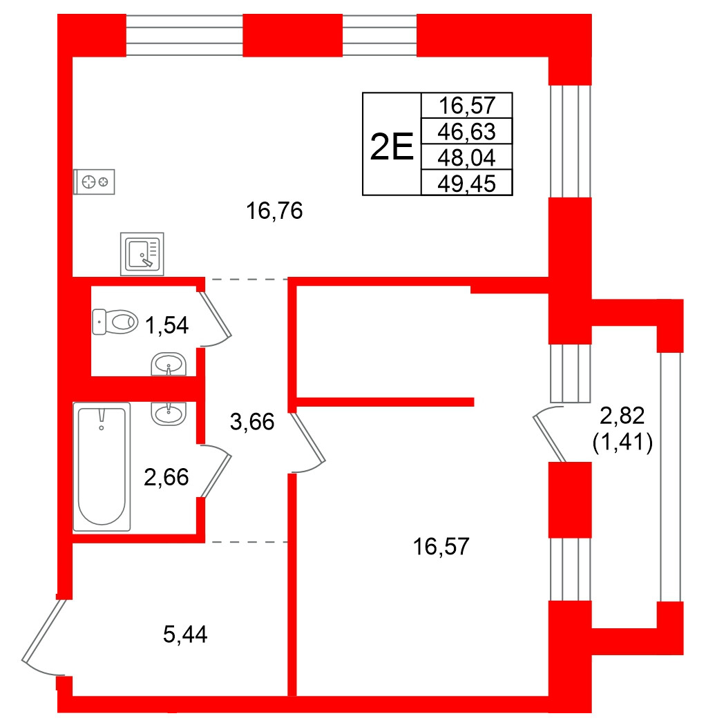 Квартира в ЖК Кольские огни, 1 комнатная, 48.04 м², 8 этаж