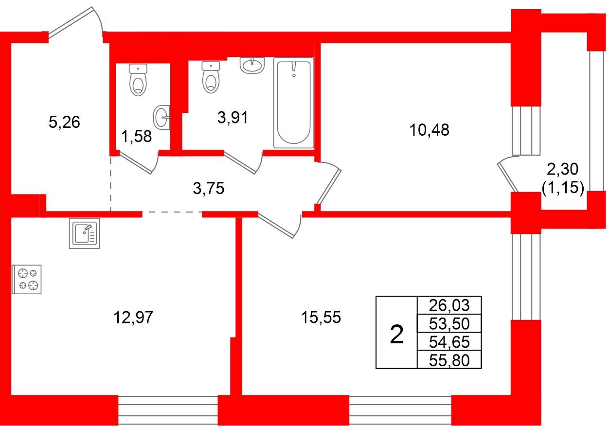 Квартира в ЖК Кольские огни, 2 комнатная, 54.65 м², 3 этаж