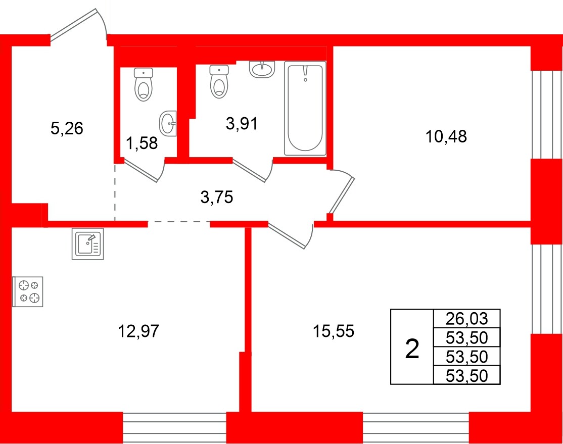 Квартира в ЖК Кольские огни, 2 комнатная, 53.5 м², 7 этаж