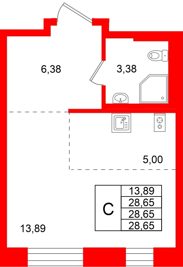 Квартира в ЖК Кольские огни, студия, 28.65 м², 9 этаж