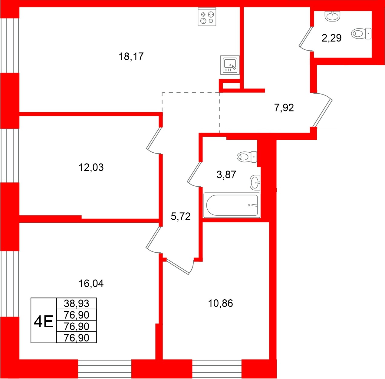 Квартира в ЖК Кольские огни, 3 комнатная, 76.9 м², 9 этаж