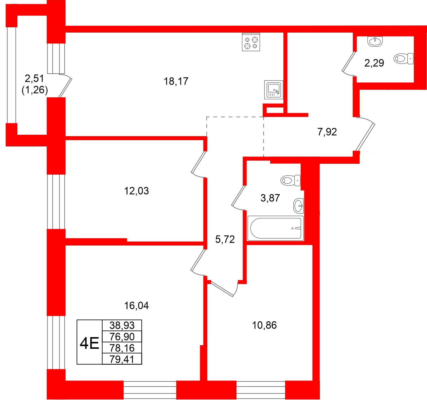 Квартира в ЖК Кольские огни, 3 комнатная, 78.16 м², 12 этаж