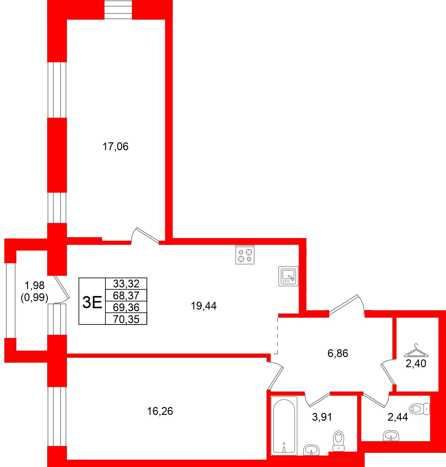Квартира в ЖК Кольские огни, 2 комнатная, 69.36 м², 10 этаж