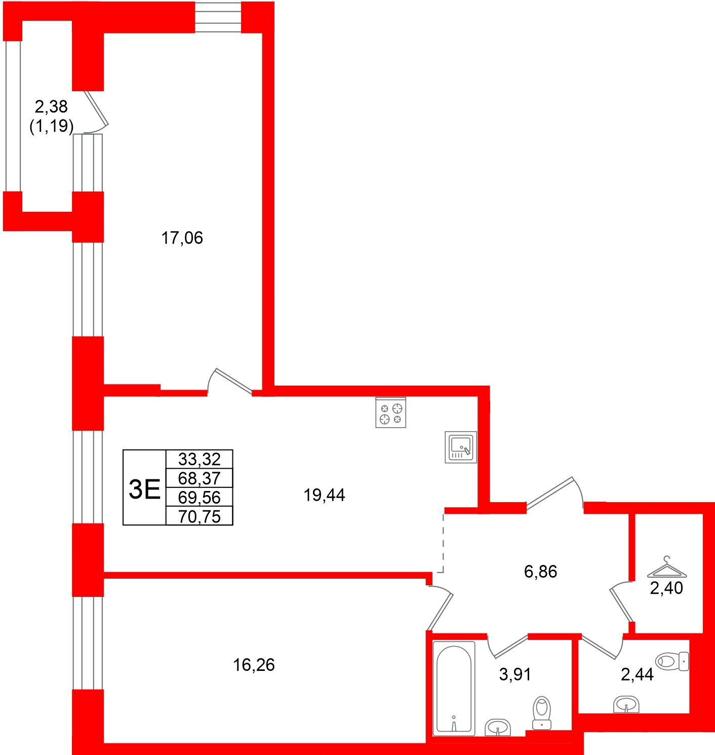 Квартира в ЖК Кольские огни, 2 комнатная, 69.56 м², 13 этаж