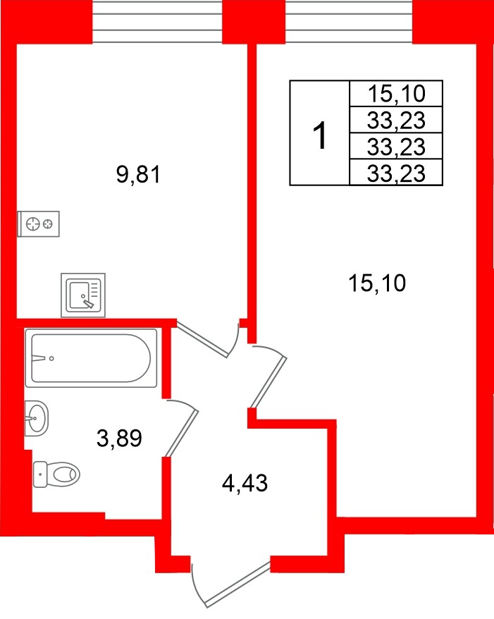 Квартира в ЖК Кольские огни, 1 комнатная, 33.23 м², 12 этаж