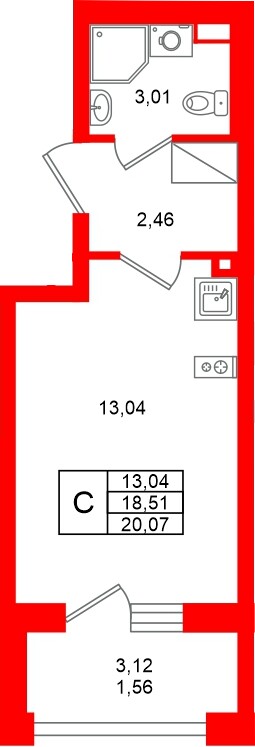 Планировка — Студия квартира, 20,1 м² в ЖК «Аурум»
