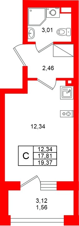 Планировка — Студия квартира, 19,4 м² в ЖК «Аурум»