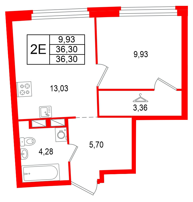 Квартира в ЖК Аквилон Riva, 1 комнатная, 36.3 м², 16 этаж