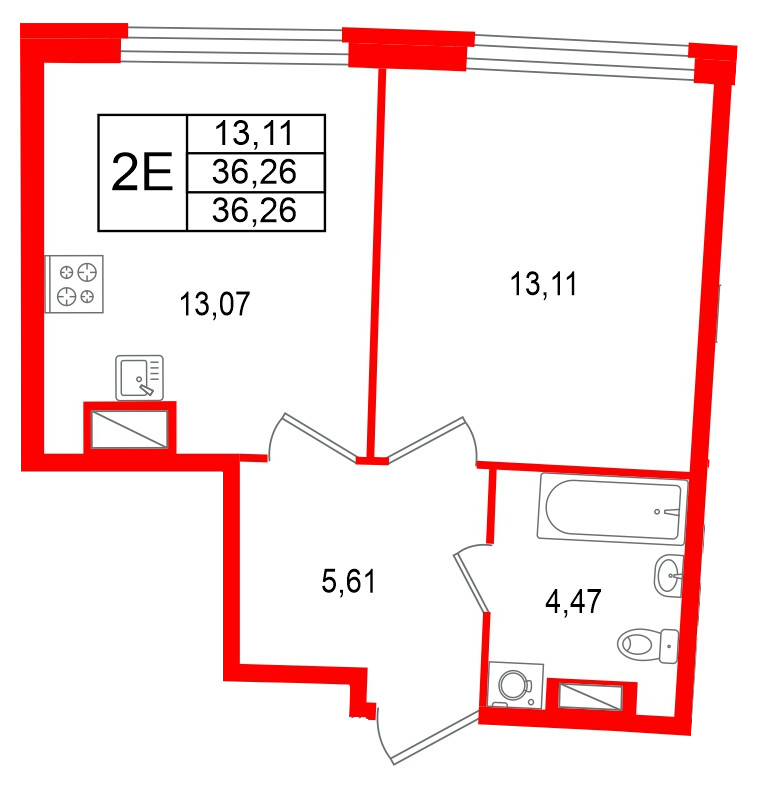 Квартира в ЖК Аквилон Riva, 1 комнатная, 36.26 м², 9 этаж