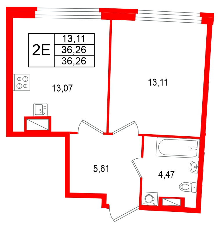Квартира в ЖК Аквилон Riva, 1 комнатная, 36.26 м², 11 этаж