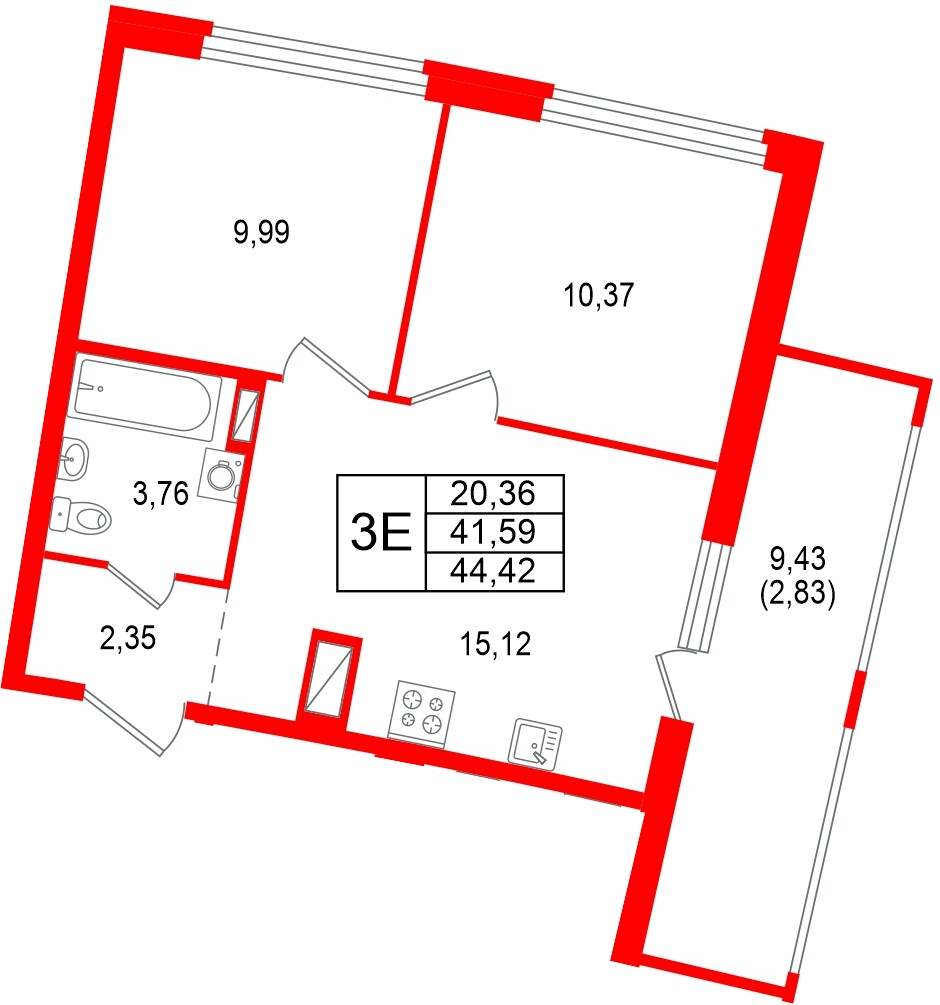 Квартира в ЖК «Аквилон Рива», 2 комнатная, 44.42 м², 14 этаж