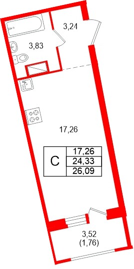 Планировка — Студия квартира, 26,1 м² в ЖК «Аквилон Рива»