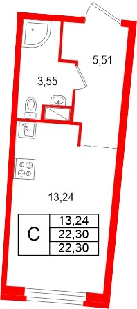 Планировка — Студия квартира, 22,3 м² в ЖК «Аквилон Рива»
