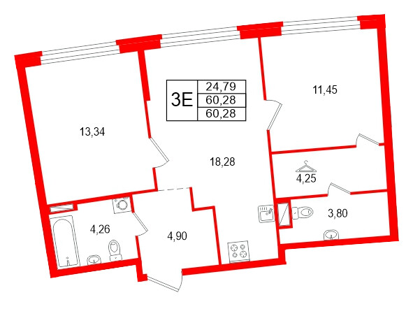 Квартира в ЖК Аквилон Riva, 2 комнатная, 60.28 м², 13 этаж