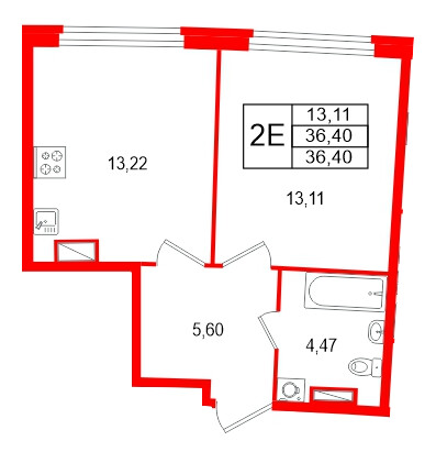 Квартира в ЖК Аквилон Riva, 1 комнатная, 36.4 м², 13 этаж