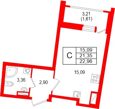 Планировка — Студия квартира, 23,0 м² в ЖК «Аквилон Рива»
