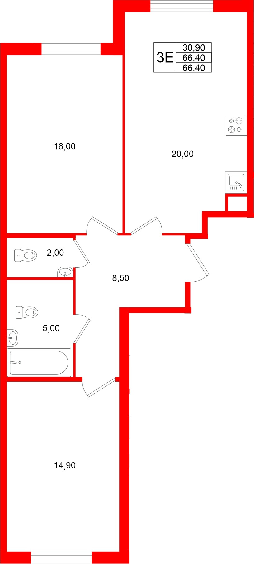 Квартира в ЖК Клюква.Парк, 2 комнатная, 66.4 м², 2 этаж