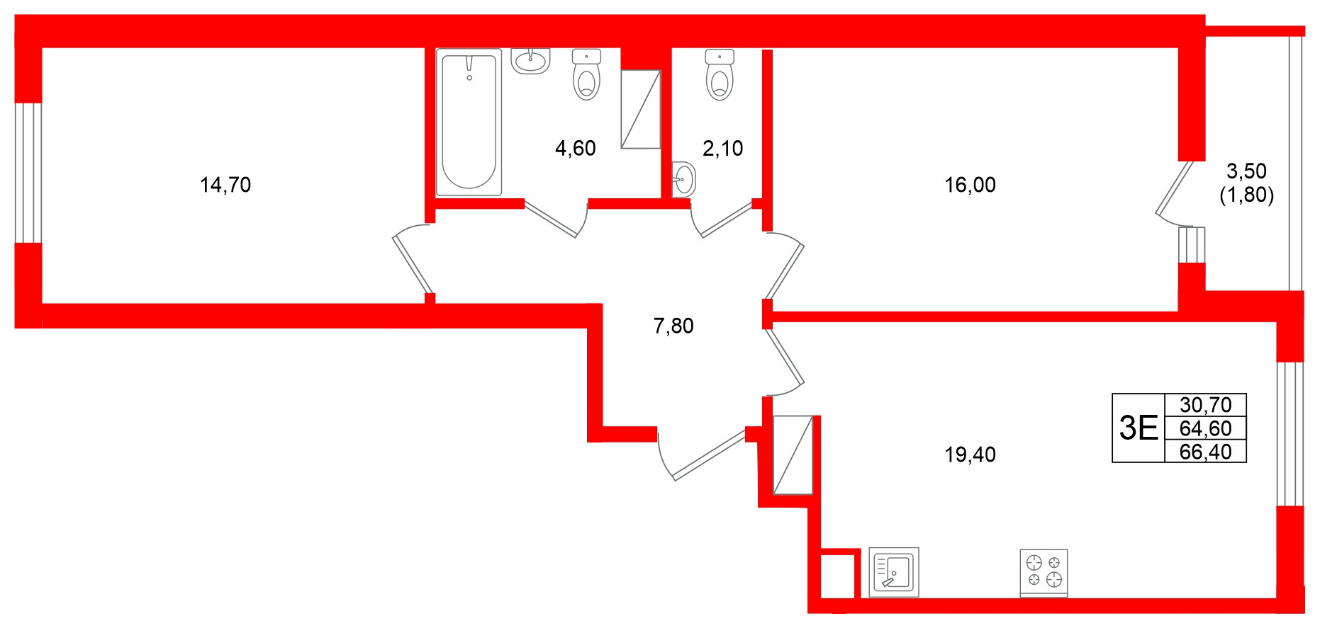 Квартира в ЖК Клюква.Парк, 2 комнатная, 66.4 м², 11 этаж