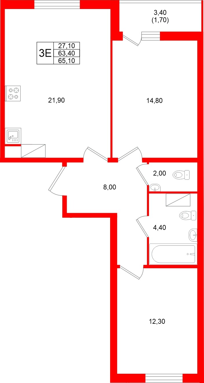 Квартира в ЖК Клюква.Парк, 2 комнатная, 65.1 м², 6 этаж