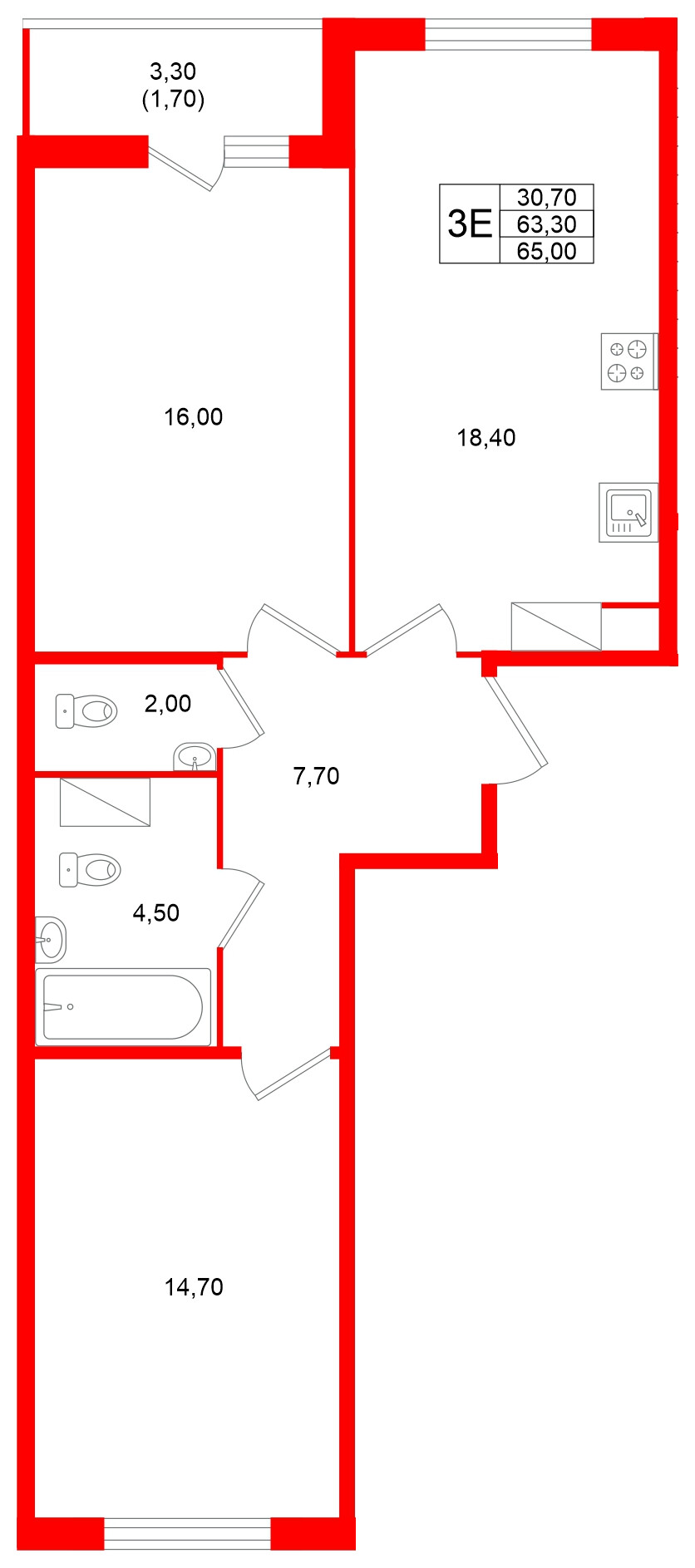 Квартира в ЖК Клюква.Парк, 2 комнатная, 65 м², 3 этаж