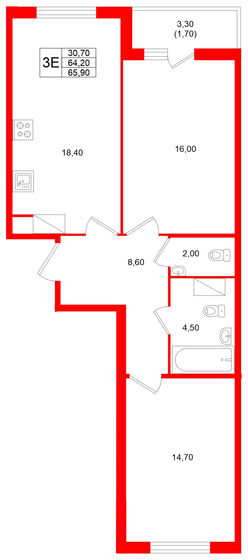 Квартира в ЖК Клюква.Парк, 2 комнатная, 65.9 м², 3 этаж