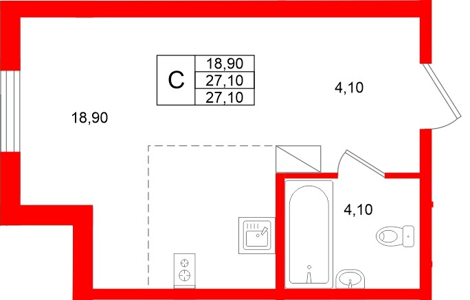 Планировка — Студия квартира, 27,1 м² в ЖК «Клюква.Парк»