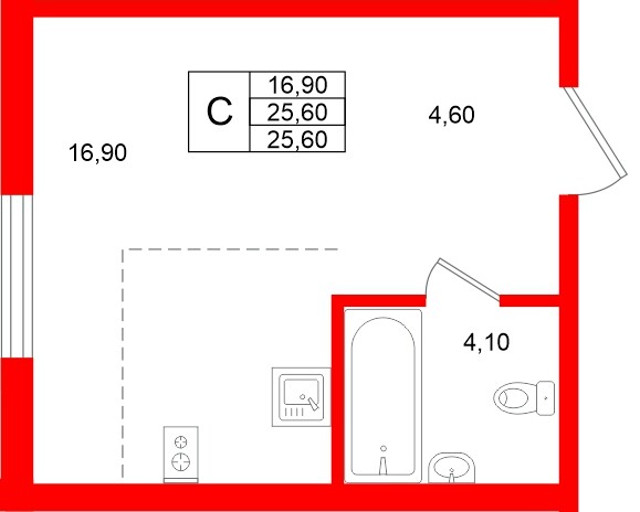 Планировка — Студия квартира, 25,6 м² в ЖК «Клюква.Парк»