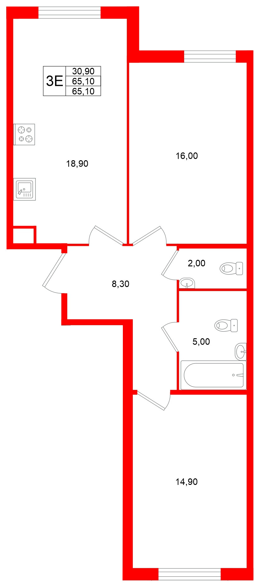 Квартира в ЖК Клюква.Парк, 2 комнатная, 65.1 м², 2 этаж