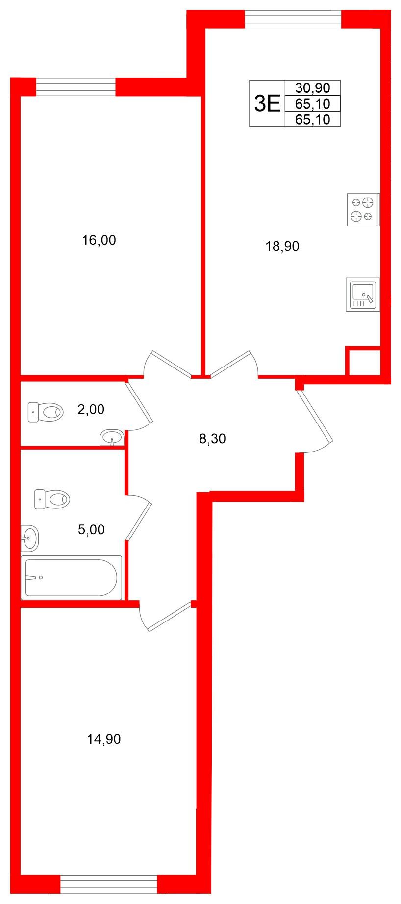 Квартира в ЖК Клюква.Парк, 2 комнатная, 65.1 м², 2 этаж