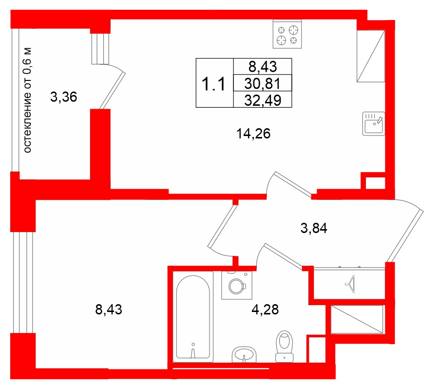Квартира в ЖК «Город звёзд», 1 комнатная, 30.81 м², 3 этаж