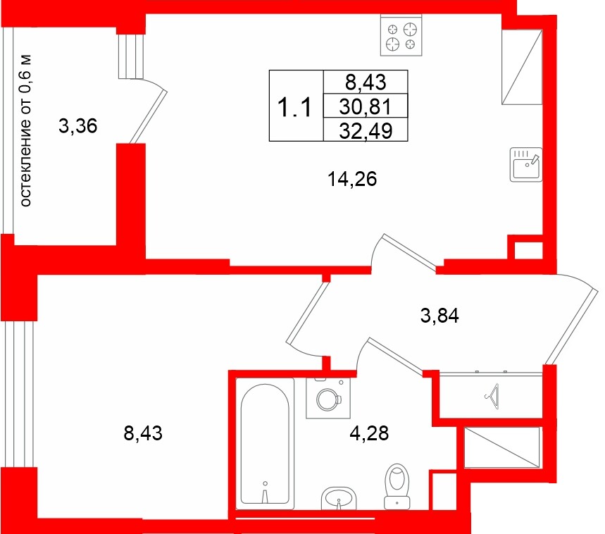 Квартира в ЖК «Город звёзд», 1 комнатная, 30.81 м², 8 этаж
