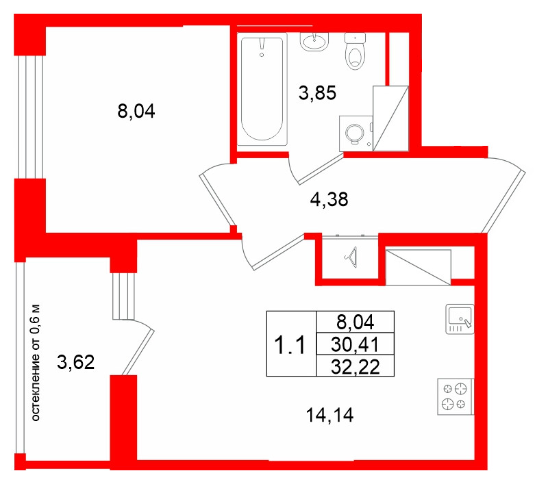 Квартира в ЖК «Город звёзд», 1 комнатная, 30.41 м², 12 этаж