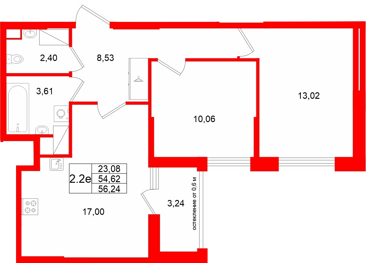 Квартира в ЖК «Город звёзд», 2 комнатная, 54.62 м², 6 этаж