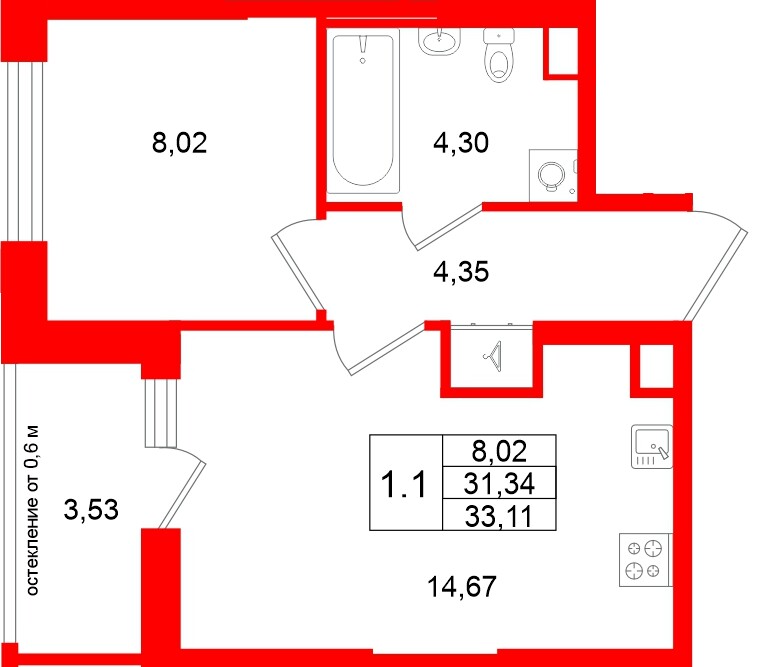 Квартира в ЖК «Город звёзд», 1 комнатная, 31.34 м², 2 этаж