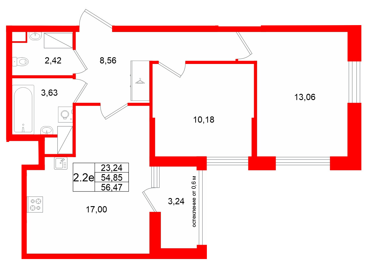 Квартира в ЖК «Город звёзд», 2 комнатная, 54.85 м², 23 этаж