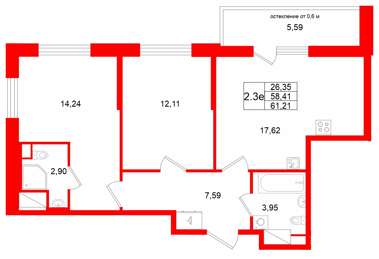 Квартира в ЖК «Город звёзд», 2 комнатная, 58.41 м², 14 этаж