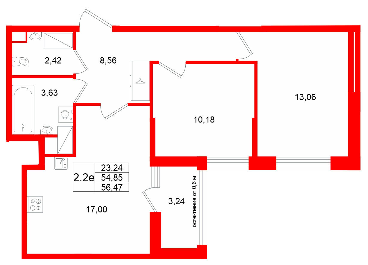 Квартира в ЖК «Город звёзд», 2 комнатная, 54.85 м², 12 этаж