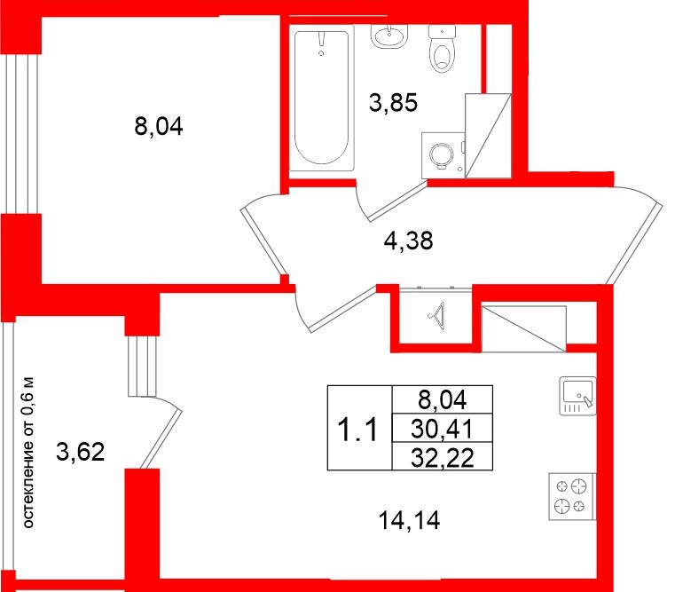 Квартира в ЖК «Город звёзд», 1 комнатная, 30.41 м², 18 этаж