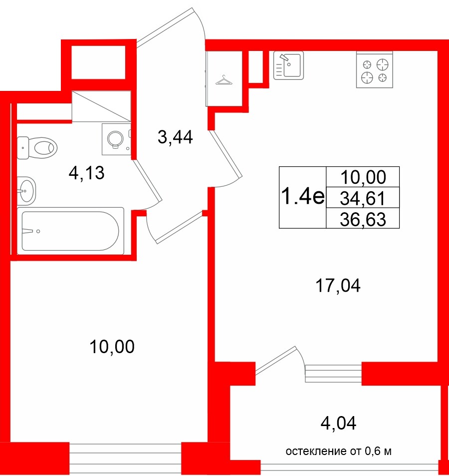 Квартира в ЖК «Город звёзд», 1 комнатная, 34.61 м², 8 этаж