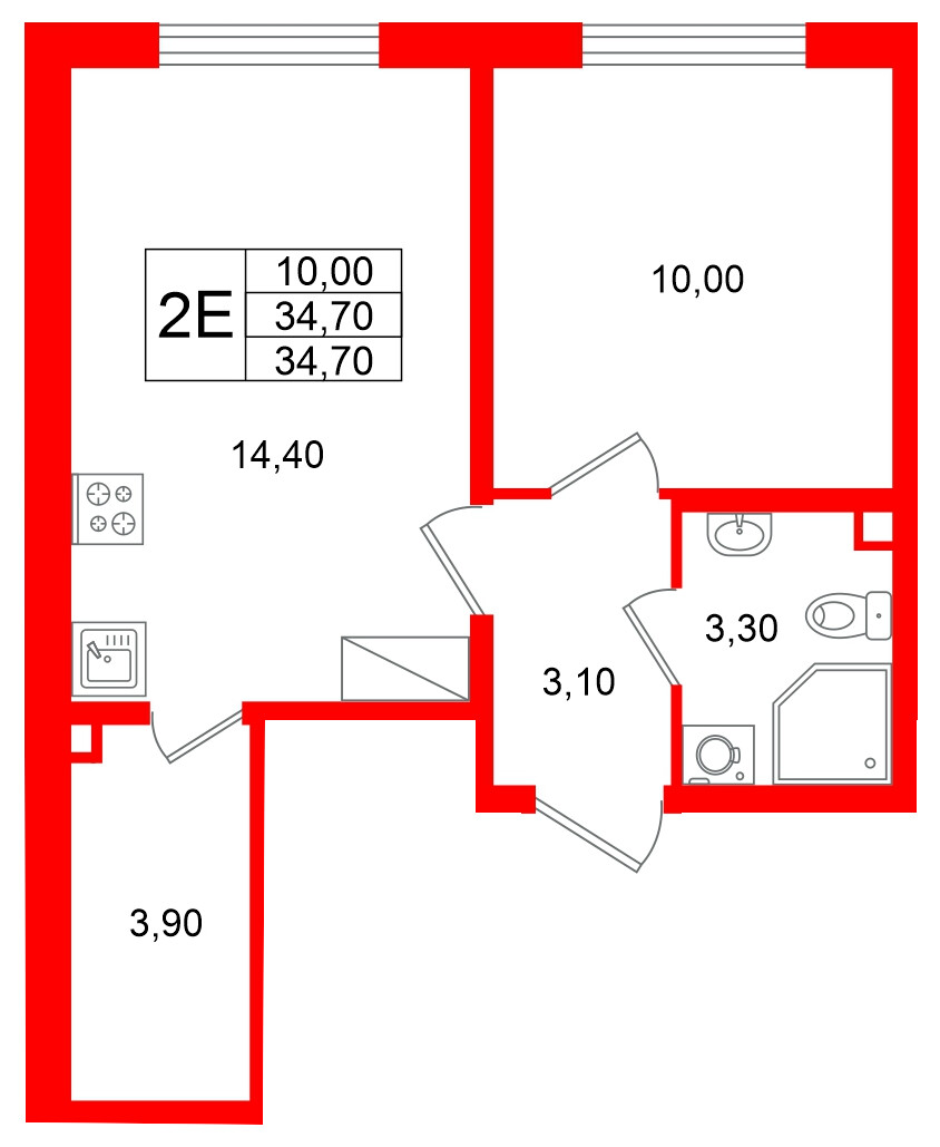 Квартира в ЖК «Ручьи–2», 1 комнатная, 34.7 м², 13 этаж
