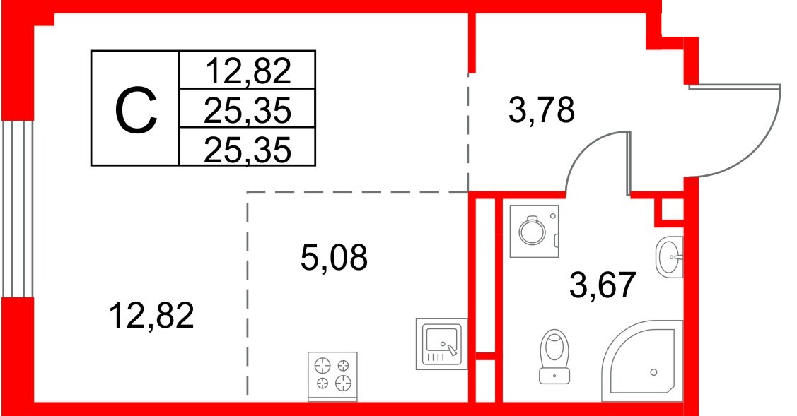 Квартира в ЖК «Кронфорт», студия, 25.35 м², 4 этаж