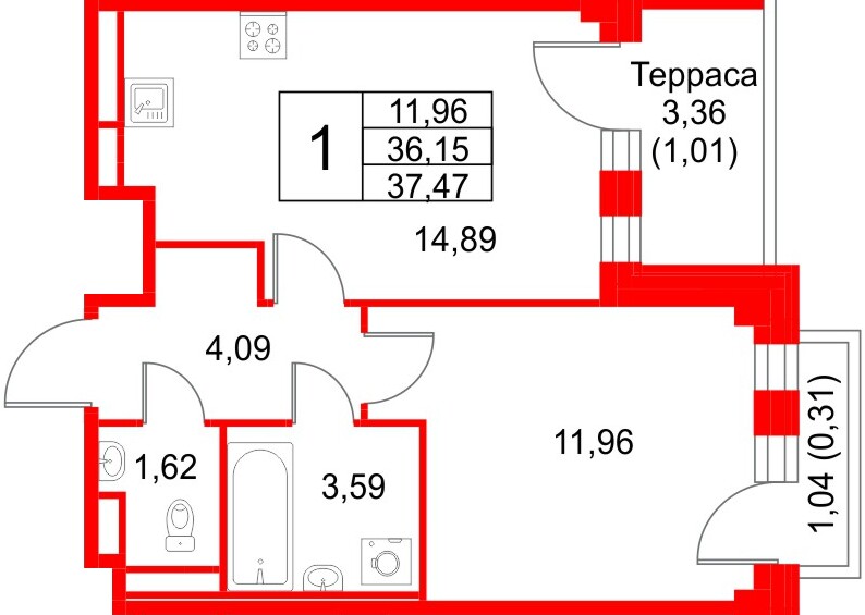 Квартира в ЖК Кронфорт, 1 комнатная, 37.47 м², 4 этаж