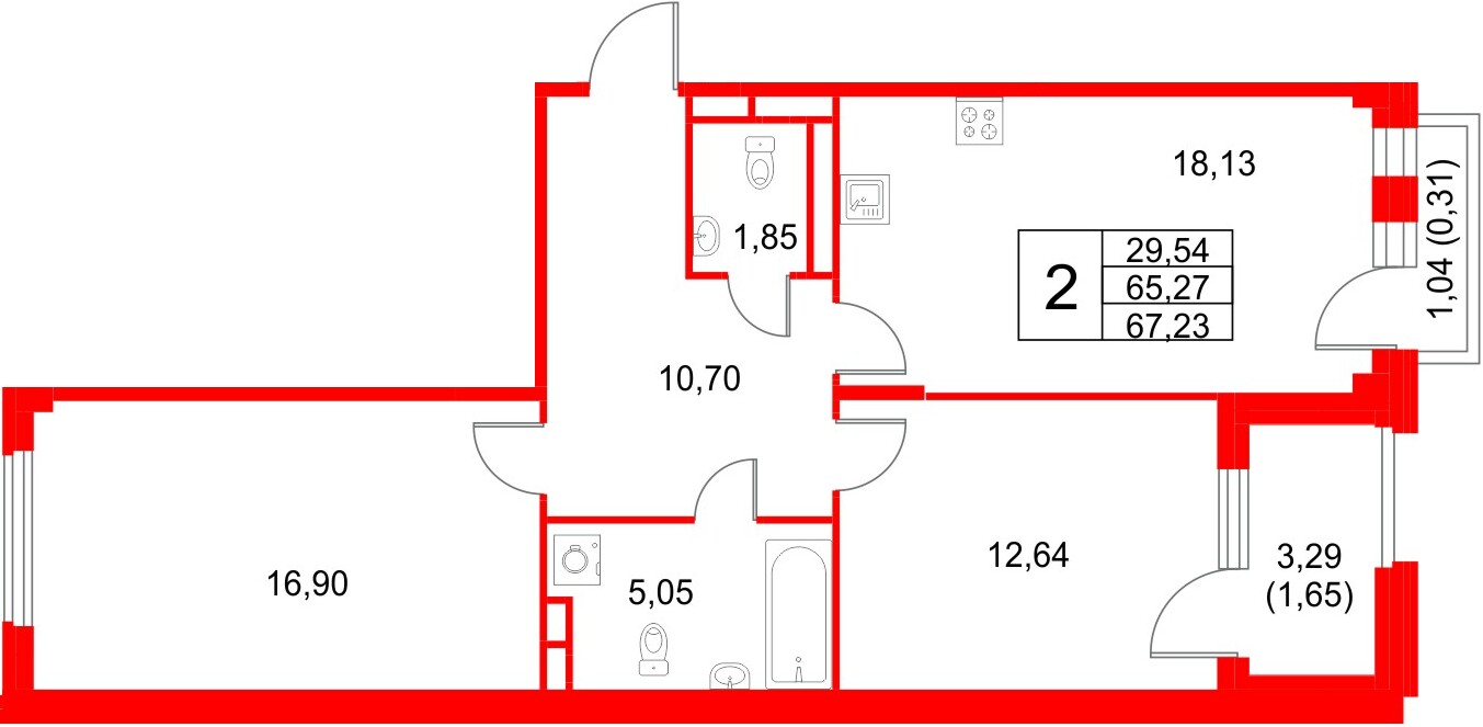 Квартира в ЖК Кронфорт, 2 комнатная, 67.23 м², 3 этаж